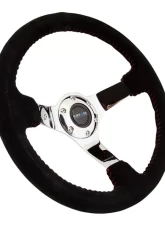NRG Reinforced Sport Steering Wheel 350mm 3 Inch Deep black Suede with red Baseball Stitching Chrome Spoke                                     - RST-036CH-S - Image 2