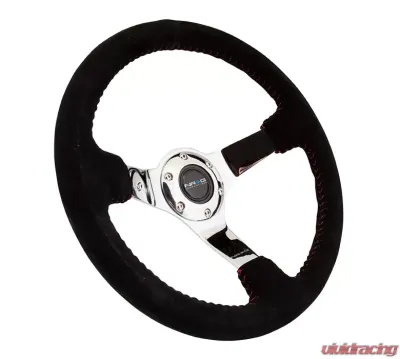 NRG Reinforced Sport Steering Wheel 350mm 3 Inch Deep black Suede with red Baseball Stitching Chrome Spoke - RST-036CH-S