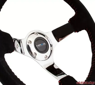 NRG Reinforced Sport Steering Wheel 350mm 3 Inch Deep black Suede with red Baseball Stitching Chrome Spoke - RST-036CH-S