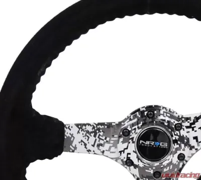 NRG Reinforced Sport Steering Wheel 350mm 3 Inch Deep Hydro Dipped Digital Camo 5mm spoke Black Suede Black Baseball Stitching - RST-036DC-S