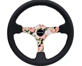 NRG Reinforced Sport Steering Wheel 350mm 3 Inch Deep Hydro Dipped Tropical Floral 5mm spoke Black Leather Black Baseball Stitching