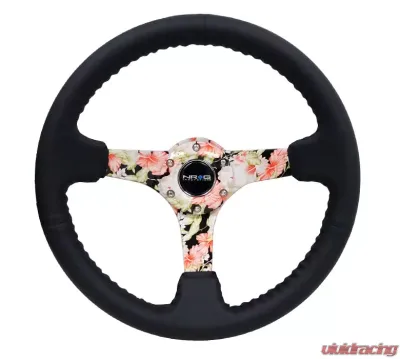 NRG Reinforced Sport Steering Wheel 350mm 3 Inch Deep Hydro Dipped Tropical Floral 5mm spoke Black Leather Black Baseball Stitching - RST-036FL-R