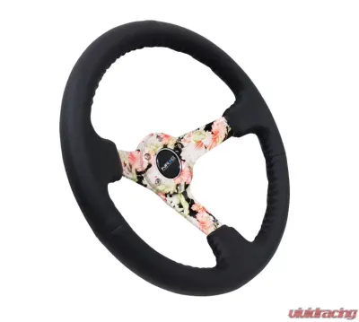 NRG Reinforced Sport Steering Wheel 350mm 3 Inch Deep Hydro Dipped Tropical Floral 5mm spoke Black Leather Black Baseball Stitching - RST-036FL-R