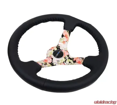 NRG Reinforced Sport Steering Wheel 350mm 3 Inch Deep Hydro Dipped Tropical Floral 5mm spoke Black Leather Black Baseball Stitching - RST-036FL-R