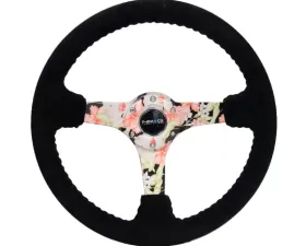 NRG Reinforced Sport Steering Wheel 350mm 3 Inch Deep Hydro Dipped Tropical Floral 5mm spoke Black Suede Black Baseball Stitching
