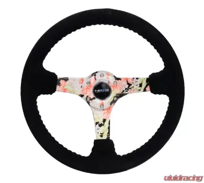 NRG Reinforced Sport Steering Wheel 350mm 3 Inch Deep Hydro Dipped Tropical Floral 5mm spoke Black Suede Black Baseball Stitching - RST-036FL-S