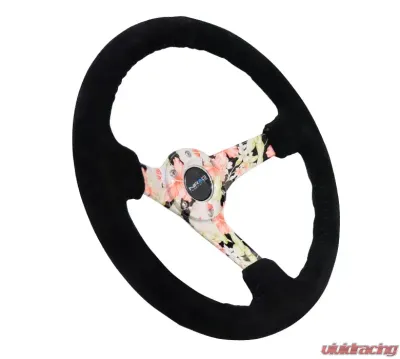 NRG Reinforced Sport Steering Wheel 350mm 3 Inch Deep Hydro Dipped Tropical Floral 5mm spoke Black Suede Black Baseball Stitching - RST-036FL-S