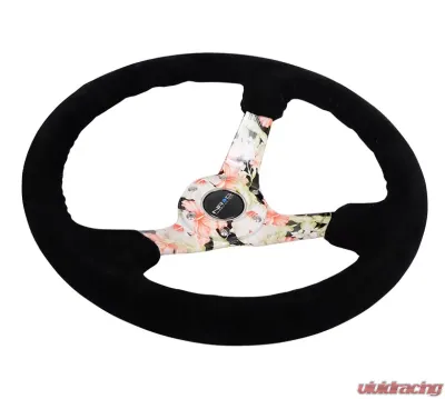 NRG Reinforced Sport Steering Wheel 350mm 3 Inch Deep Hydro Dipped Tropical Floral 5mm spoke Black Suede Black Baseball Stitching - RST-036FL-S