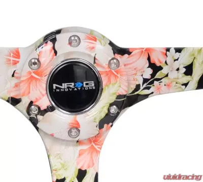 NRG Reinforced Sport Steering Wheel 350mm 3 Inch Deep Hydro Dipped Tropical Floral 5mm spoke Black Suede Black Baseball Stitching - RST-036FL-S