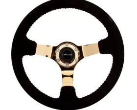NRG Reinforced Sport Steering Wheel 350mm 3 Inch Deep 4mm Black Leather Red Baseball Stitch Gold spoke