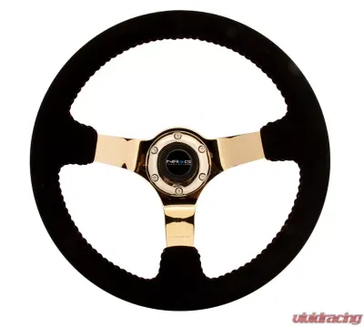 NRG Reinforced Sport Steering Wheel 350mm 3 Inch Deep 4mm Black Leather Red Baseball Stitch Gold spoke - RST-036CG