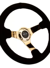 NRG Reinforced Sport Steering Wheel 350mm 3 Inch Deep 4mm Black Leather Red Baseball Stitch Gold spoke                                     - RST-036CG - Image 2
