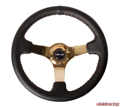 NRG Reinforced Sport Steering Wheel 350mm 3 Inch Deep 4mm Black Leather Red Baseball Stitch Gold spoke - RST-036CG