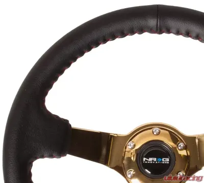NRG Reinforced Sport Steering Wheel 350mm 3 Inch Deep black Suede with red Baseball Stitching Chrome Gold Spoke - RST-036GD-S