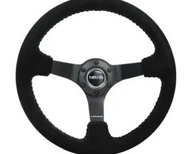 NRG Reinforced Sport Steering Wheel 350mm 3 Inch Deep 5mm Matte Black Spoke Black Suede Blue Baseball Stitching