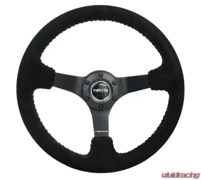 NRG Reinforced Sport Steering Wheel 350mm 3 Inch Deep 5mm Matte Black Spoke Black Suede Blue Baseball Stitching - RST-036MB-S-BL