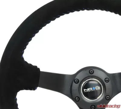 NRG Reinforced Sport Steering Wheel 350mm 3 Inch Deep 5mm Matte Black Spoke Black Suede Blue Baseball Stitching - RST-036MB-S-BL