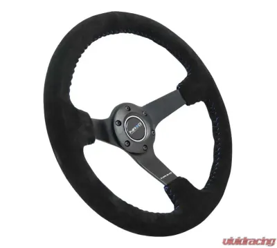 NRG Reinforced Sport Steering Wheel 350mm 3 Inch Deep 5mm Matte Black Spoke Black Suede Blue Baseball Stitching - RST-036MB-S-BL