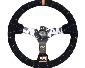 NRG Reinforced Sport Steering Wheel 350mm Kyle Mohan Signature 3 Inch Deep 5mm Matte Black Spoke Black suede color stitching