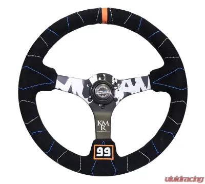 NRG Reinforced Sport Steering Wheel 350mm Kyle Mohan Signature 3 Inch Deep 5mm Matte Black Spoke Black suede color stitching - RST-036MB-S-KMR