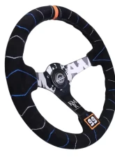 NRG Reinforced Sport Steering Wheel 350mm Kyle Mohan Signature 3 Inch Deep 5mm Matte Black Spoke Black suede color stitching                                     - RST-036MB-S-KMR - Image 2