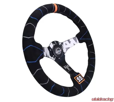 NRG Reinforced Sport Steering Wheel 350mm Kyle Mohan Signature 3 Inch Deep 5mm Matte Black Spoke Black suede color stitching - RST-036MB-S-KMR