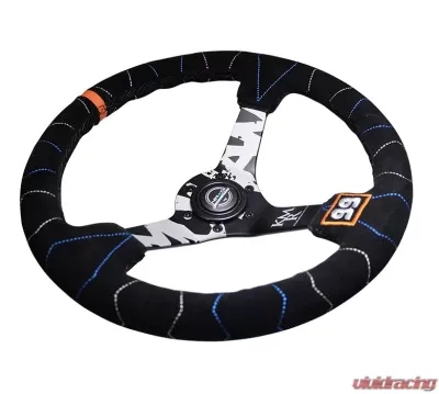 NRG Reinforced Sport Steering Wheel 350mm Kyle Mohan Signature 3 Inch Deep 5mm Matte Black Spoke Black suede color stitching - RST-036MB-S-KMR