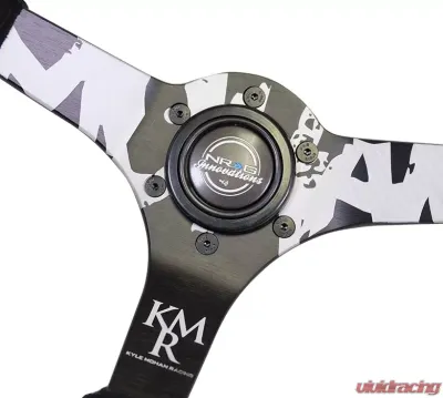 NRG Reinforced Sport Steering Wheel 350mm Kyle Mohan Signature 3 Inch Deep 5mm Matte Black Spoke Black suede color stitching - RST-036MB-S-KMR