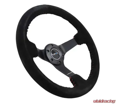 NRG Reinforced Sport Steering Wheel 350mm 3 Inch Deep 5mm Matte Black Spoke Black Suede Red Baseball Stitching - RST-036MB-S-RD