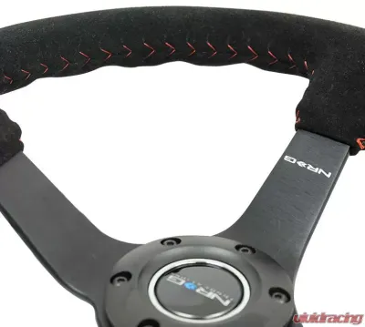 NRG Reinforced Sport Steering Wheel 350mm 3 Inch Deep 5mm Matte Black Spoke Black Suede Red Baseball Stitching - RST-036MB-S-RD