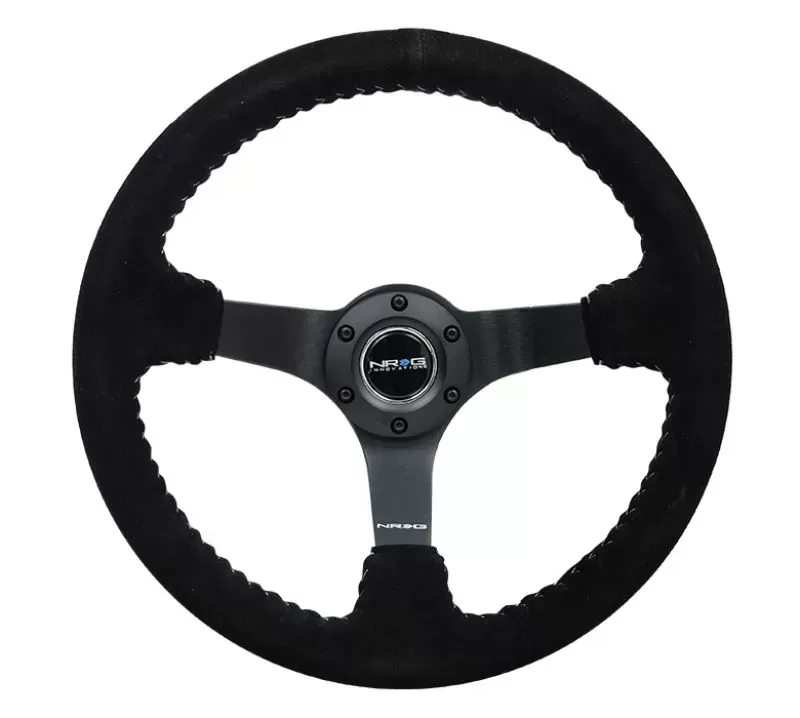 NRG Reinforced Sport Steering Wheel 350mm 3 Inch Deep 5mm Matte Black Spoke Black suede Silver Baseball Stitching - RST-036MB-S-SL