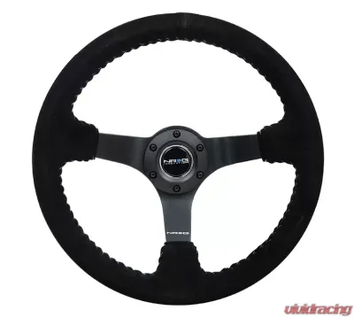 NRG Reinforced Sport Steering Wheel 350mm 3 Inch Deep 5mm Matte Black Spoke Black suede Silver Baseball Stitching - RST-036MB-S-SL