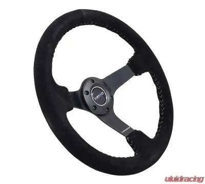 NRG Reinforced Sport Steering Wheel 350mm 3 Inch Deep 5mm Matte Black Spoke Black suede Silver Baseball Stitching - RST-036MB-S-SL