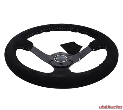 NRG Reinforced Sport Steering Wheel 350mm 3 Inch Deep 5mm Matte Black Spoke Black suede Silver Baseball Stitching - RST-036MB-S-SL