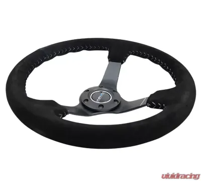 NRG Reinforced Sport Steering Wheel 350mm 3 Inch Deep 5mm Matte Black Spoke Black suede Silver Baseball Stitching - RST-036MB-S-SL