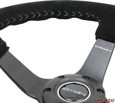 NRG Reinforced Sport Steering Wheel 350mm 3 Inch Deep 5mm Matte Black Spoke Black suede Silver Baseball Stitching - RST-036MB-S-SL