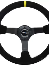 NRG Reinforced Sport Steering Wheel 350mm 3 Inch Deep 5mm Matte Black Spoke Black suede Black criss cross stitching and Yellow Center Mark                                     - RST-036MB-S-Y - Image 2