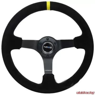 NRG Reinforced Sport Steering Wheel 350mm 3 Inch Deep 5mm Matte Black Spoke Black suede Black criss cross stitching and Yellow Center Mark - RST-036MB-S-Y