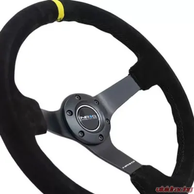 NRG Reinforced Sport Steering Wheel 350mm 3 Inch Deep 5mm Matte Black Spoke Black suede Black criss cross stitching and Yellow Center Mark - RST-036MB-S-Y