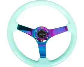 NRG Reinforced Steering Wheel 350mm Classic Minty Fresh Wood Grain Wheel 3 Inch Deep 3-Spoke Center Neochrome