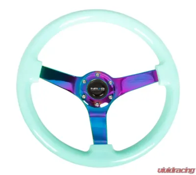 NRG Reinforced Steering Wheel 350mm Classic Minty Fresh Wood Grain Wheel 3 Inch Deep 3-Spoke Center Neochrome - RST-036MF-MC