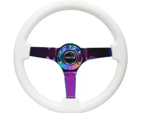NRG Reinforced Steering Wheel 350mm Classic White Wood Grain Wheel 3 Inch Deep 4mm 3-Spoke Center Neochrome