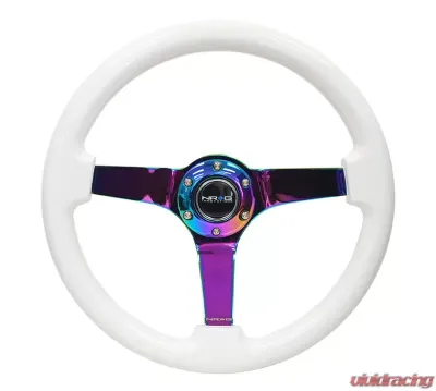 NRG Reinforced Steering Wheel 350mm Classic White Wood Grain Wheel 3 Inch Deep 4mm 3-Spoke Center Neochrome - RST-036WT-MC