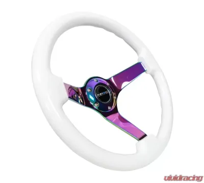 NRG Reinforced Steering Wheel 350mm Classic White Wood Grain Wheel 3 Inch Deep 4mm 3-Spoke Center Neochrome - RST-036WT-MC