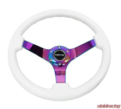 NRG Reinforced Steering Wheel 350mm Classic White Wood Grain Wheel 3 Inch Deep 4mm 3-Spoke Center Neochrome - RST-036WT-MC