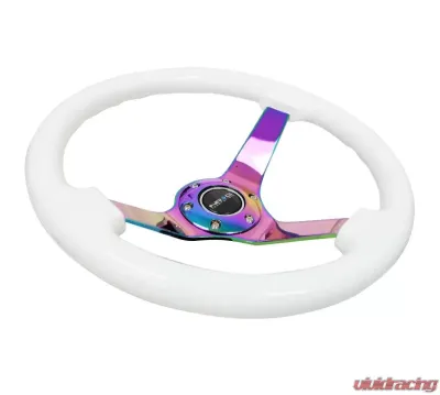 NRG Reinforced Steering Wheel 350mm Classic White Wood Grain Wheel 3 Inch Deep 4mm 3-Spoke Center Neochrome - RST-036WT-MC