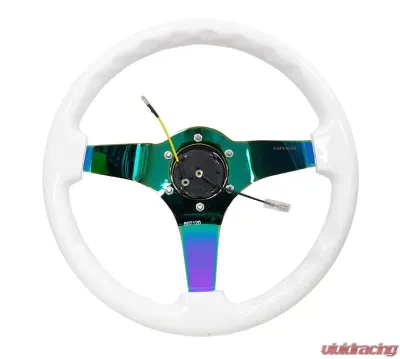 NRG Reinforced Steering Wheel 350mm Classic White Wood Grain Wheel 3 Inch Deep 4mm 3-Spoke Center Neochrome - RST-036WT-MC