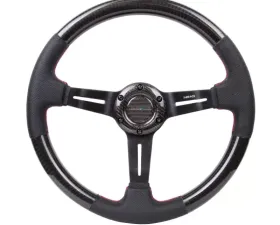 NRG Carbon Fiber Steering Wheel 350mm 1.5 Inch Deep Dish Leather Accent Red Stitching
