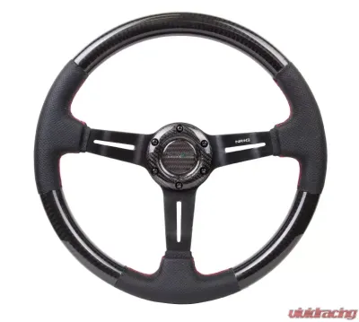 NRG Carbon Fiber Steering Wheel 350mm 1.5 Inch Deep Dish Leather Accent Red Stitching - ST-010CFRS