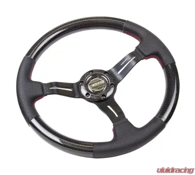 NRG Carbon Fiber Steering Wheel 350mm 1.5 Inch Deep Dish Leather Accent Red Stitching - ST-010CFRS